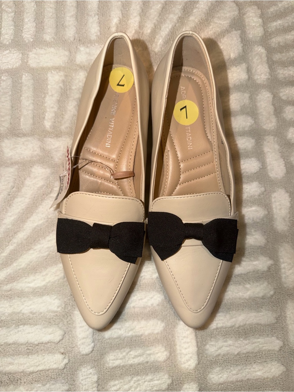 Adrienne Vittadini Beige Black Bow Pointed Toe Loafers Size 7 NWT